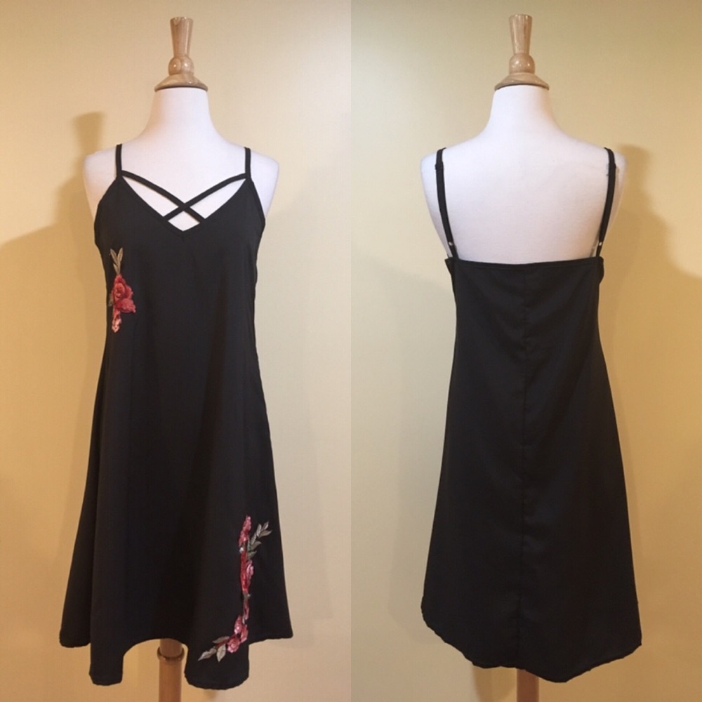 Cross Front Rose Floral Embroidered Cami Dress - Picture 5 of 7